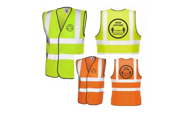 Yellow and orange safety vest keep their distance, combating corona