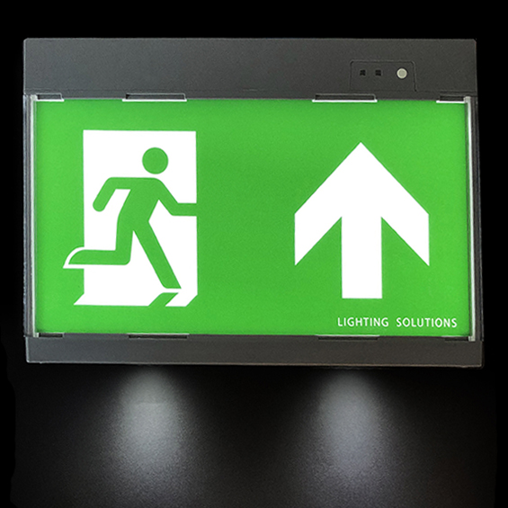 Electric escape route signage with gray emergency lighting